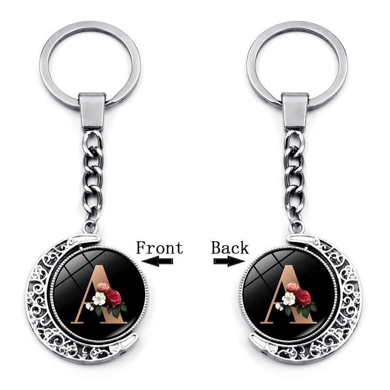 1pc A-z Letter Moon Keychain Flower Graphic Round Silvery Alloy Keyring Trendy Bag Charms For Women Gifts For Eid