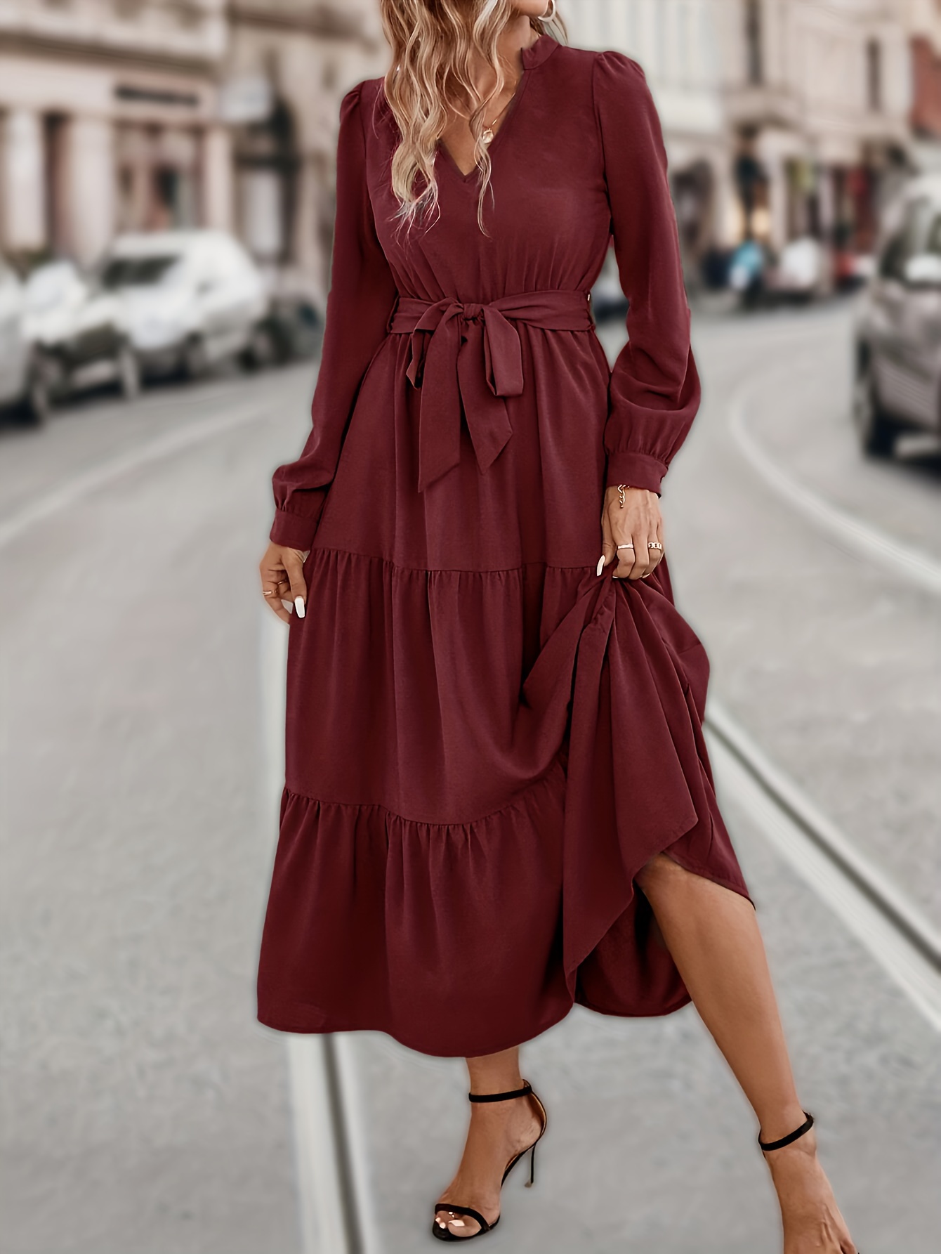 Tiered Maxi Dress, Casual V Neck Long Sleeve Solid Dress, Women's Clothing