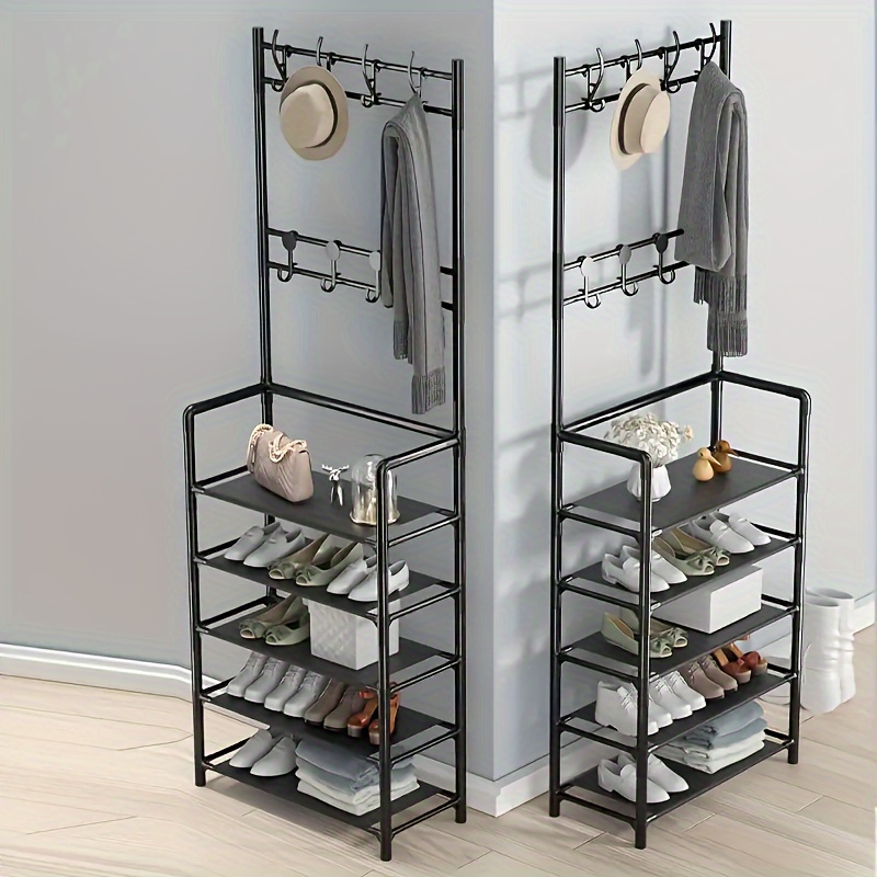 

4/5-tier Free Standing Metal Shoe Rack With 8 Double Hooks, Multi-functional Storage Organizer For Living Room, Bedroom, Entryway, Hallway - Floor Mount Hat And Coat Stand With Shoe Shelf For Home Use