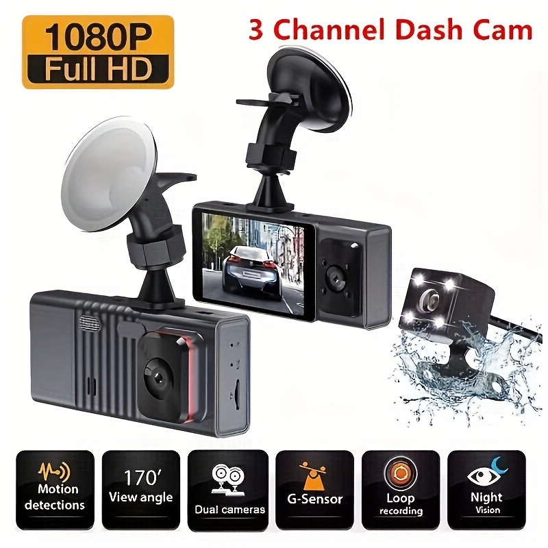 TeqHome 3 Channel Dash Cam Front and Rear Inside, 1080P FHD Dash Camera for  Cars, Three Way Triple Dashcam Car Camera Recorder with IR Night Vision