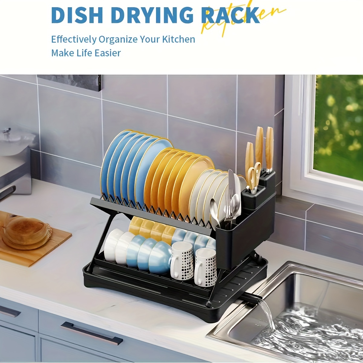 2 Tier Dish Drying Rack, Foldable Dish Drainer Metal Utensil Holder  Drainage