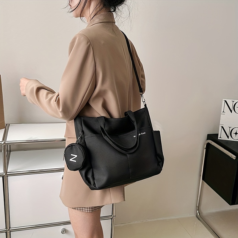 Casual Large Capacity Tote Bag, Nylon Solid Color Shoulder Bag, Crossbody  Bag With Round Coin Purse - Temu