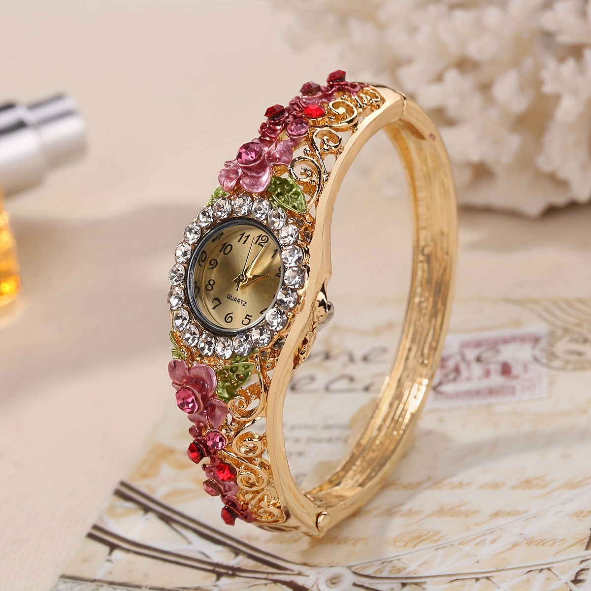 2pcs set womens watch vintage flower quartz bangle watch baroque rhinestone analog wrist watch necklace gift for mom her details 2