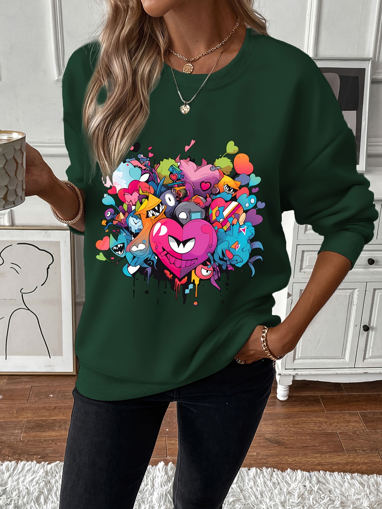 Heart Print Drop Shoulder Sweatshirt for Women