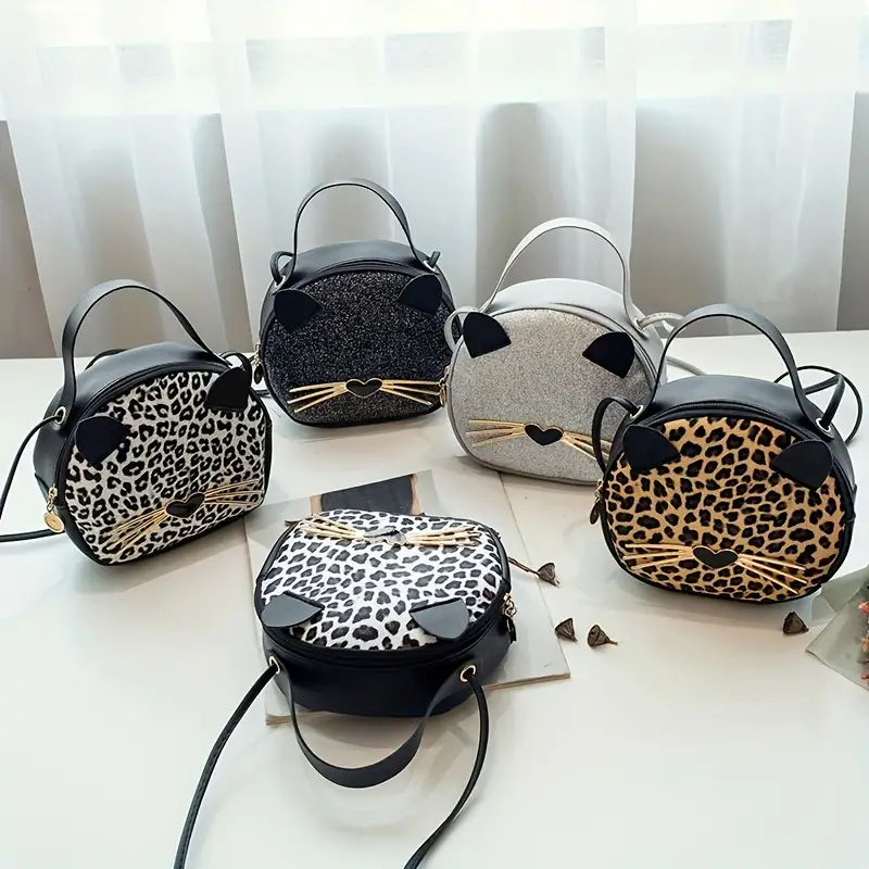 cute cat crossbody bag for women glitter sequins round handbag fashion leopard print shoulder purse details 4