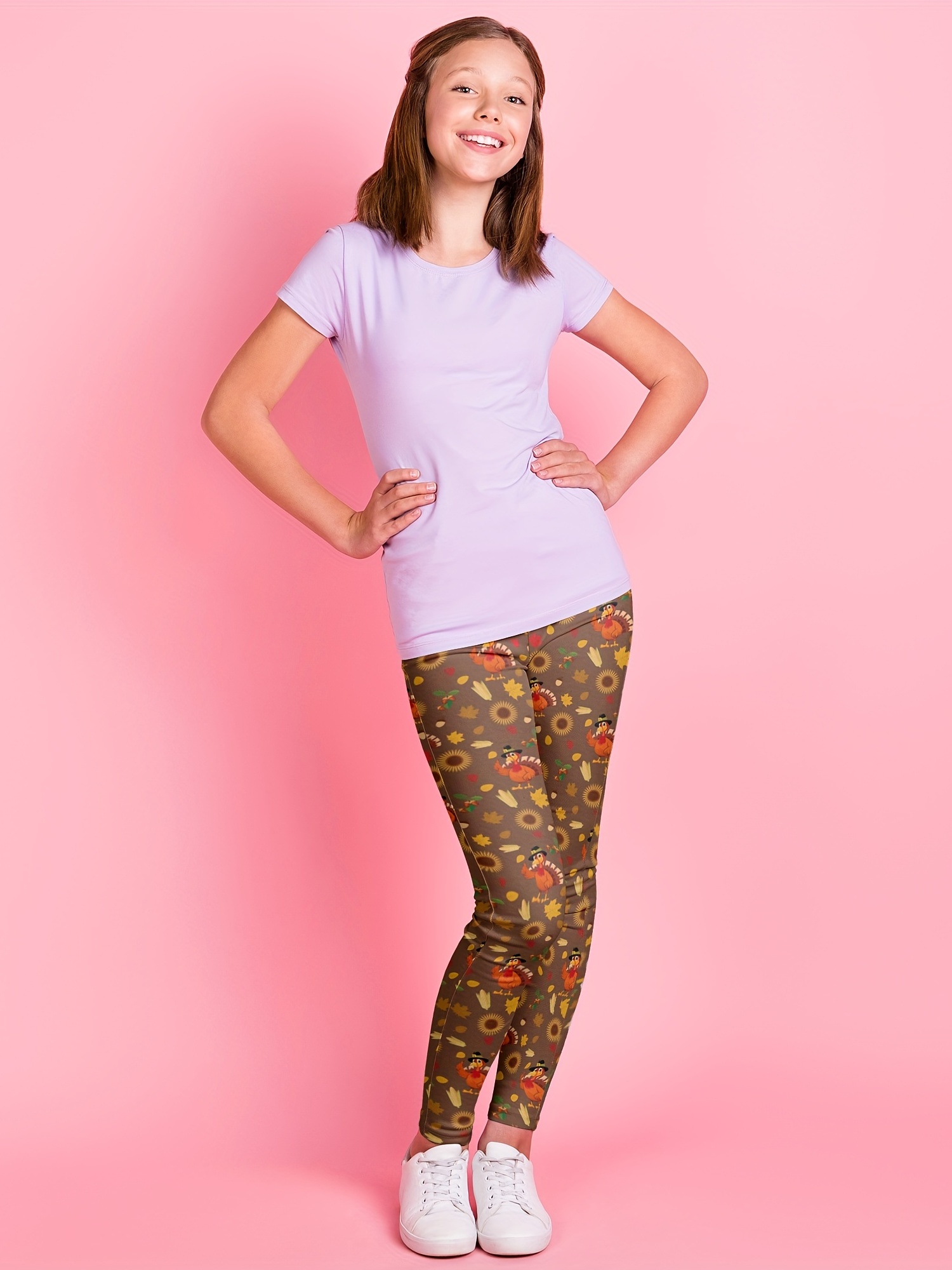 Girls' Thanksgiving Leggings with Turkey Pumpkin Dwarf Pattern