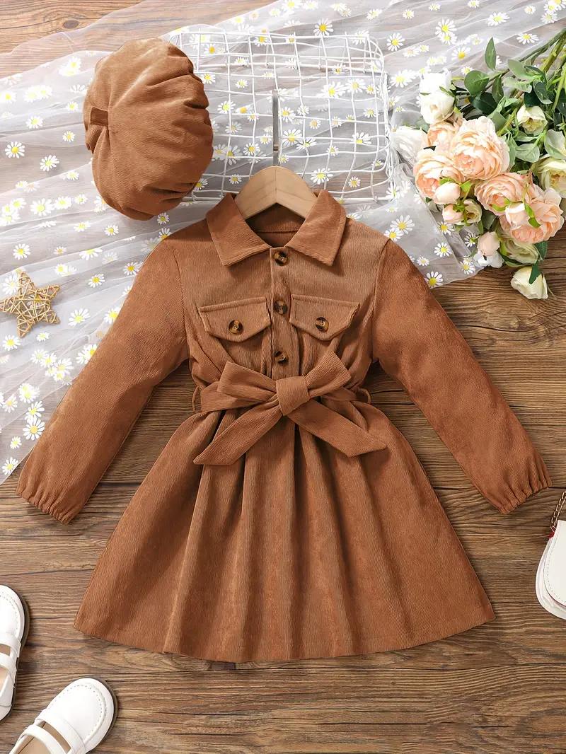 girls casual dress corduroy button front collar neck dresses with belt and hat set trendy kids autumn outfit details 40