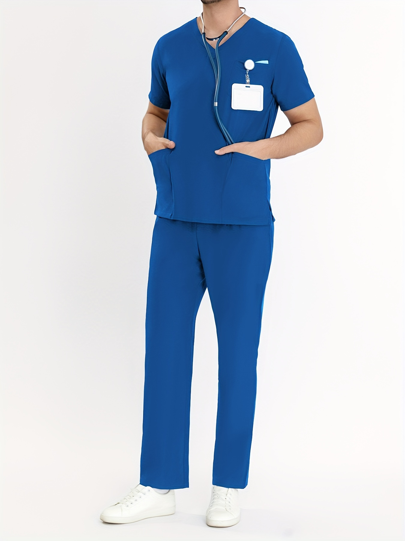 Scrub Suit Nurse Uniform Pocket T-Shirt + Pants Workwear Suit V-neck 2PCS/S