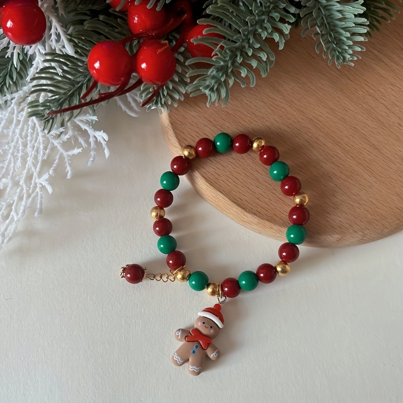 1pc Red/Green Christmas Theme Handmade Beaded Bracelet with Resin Gingerbread Man/Santa Claus/Christmas Hat Beanie Pendant,Valentine's Day Gift,Temu