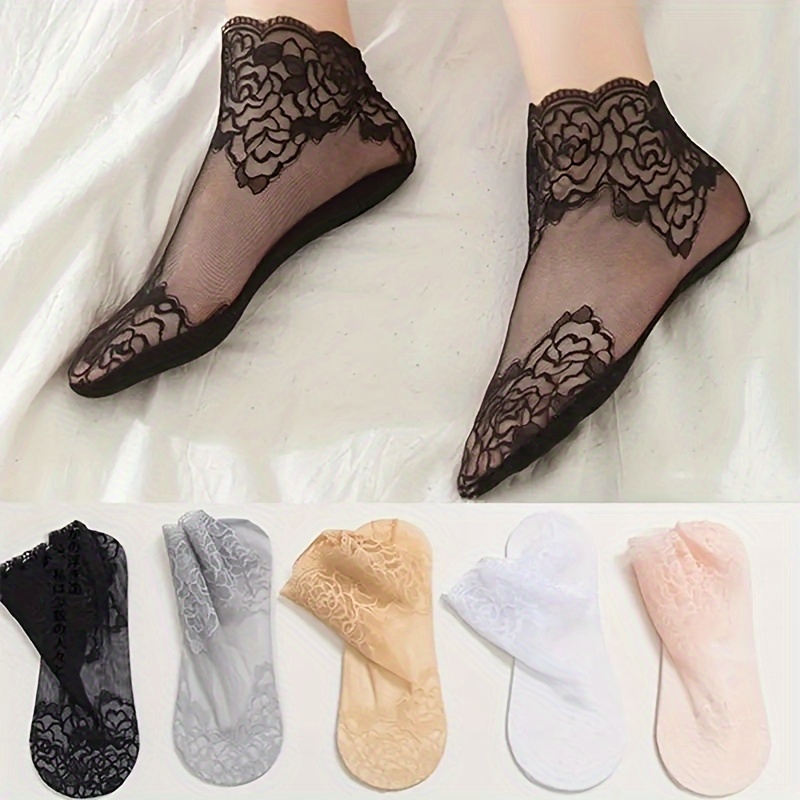 

5 Pairs Floral Lace Socks, Soft & Breathable Ankle Socks, Women's Stockings & Hosiery