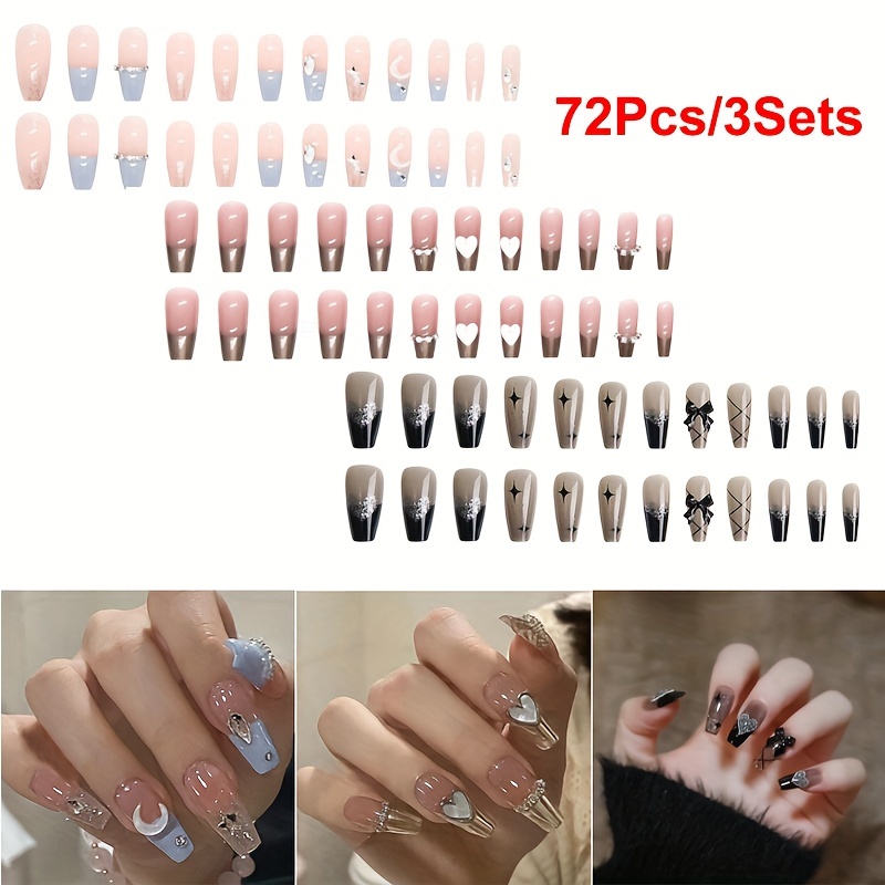 Glossy Ballerina French Acrylic Nails With 3d Rhinestones - Temu