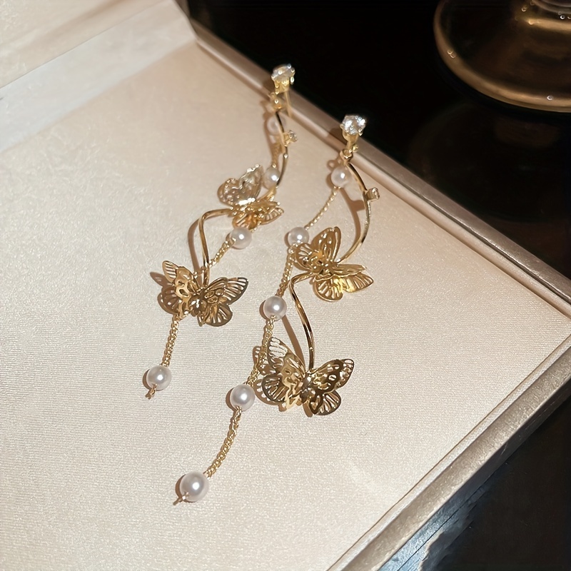 Butterfly Faux Pearl Stud Earrings with Long Tassel