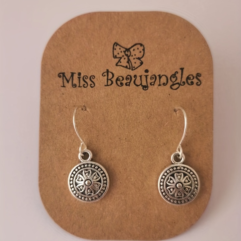 vintage silvery round shape carved flower pattern dangle earrings retro simple style alloy jewelry delicate female gift 0
