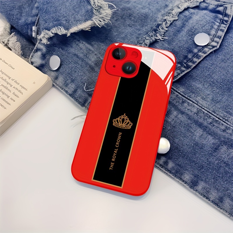 

Creative Red Crown Pattern Phone Case Suitable For 15, 14, 13, 12, 11 X/xs Xr Xs Pro Max Plus Red Metallic Paint Silicone Glass Straight Edge New Full Protective Case