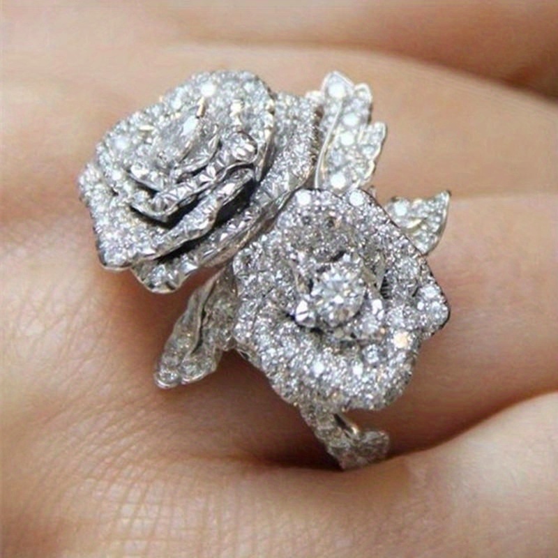 Elegant Flower Ring Silver Plated Inlaid Shining Zircon - Temu