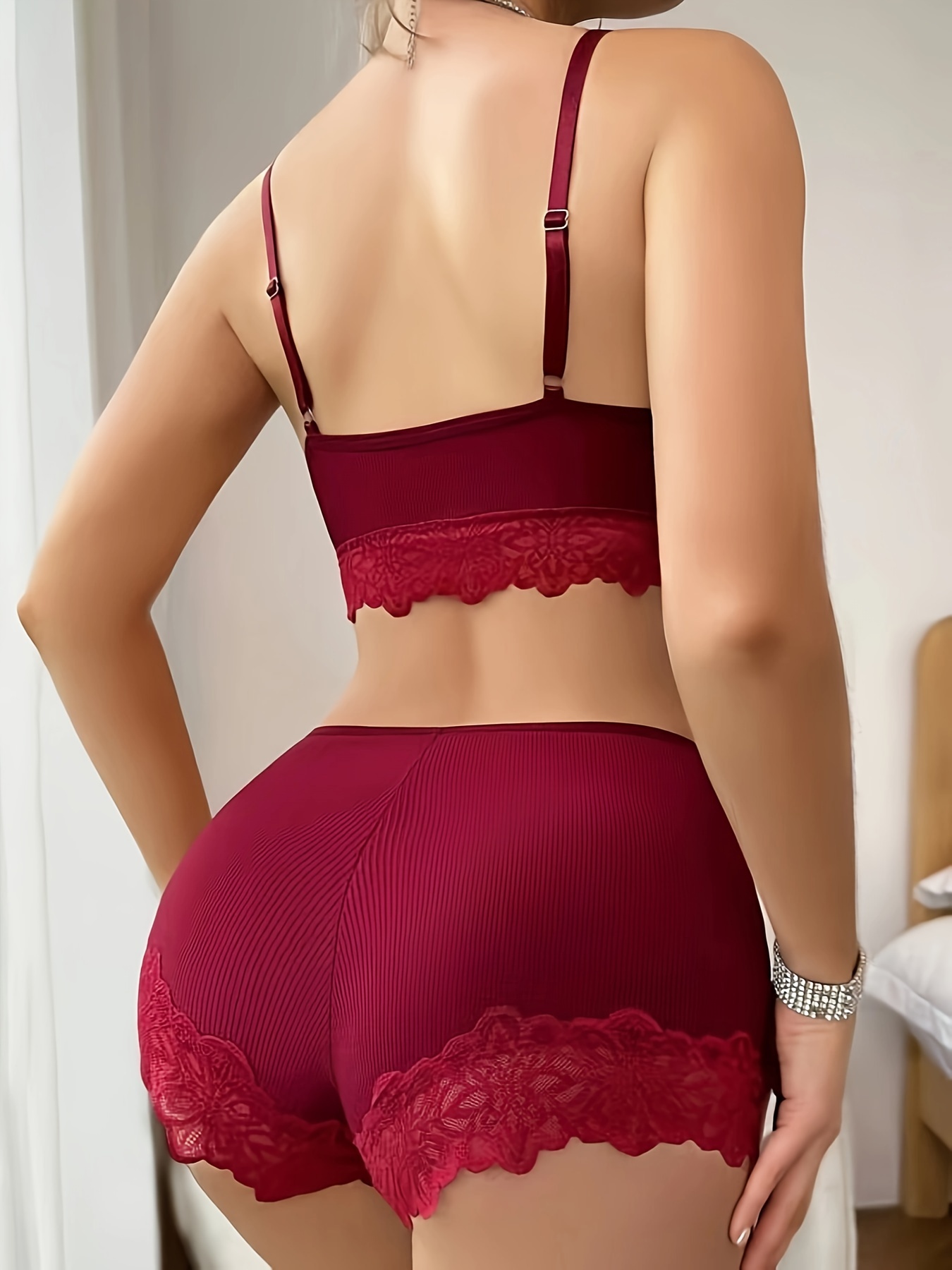 Burgundy lingerie set with lace shorty