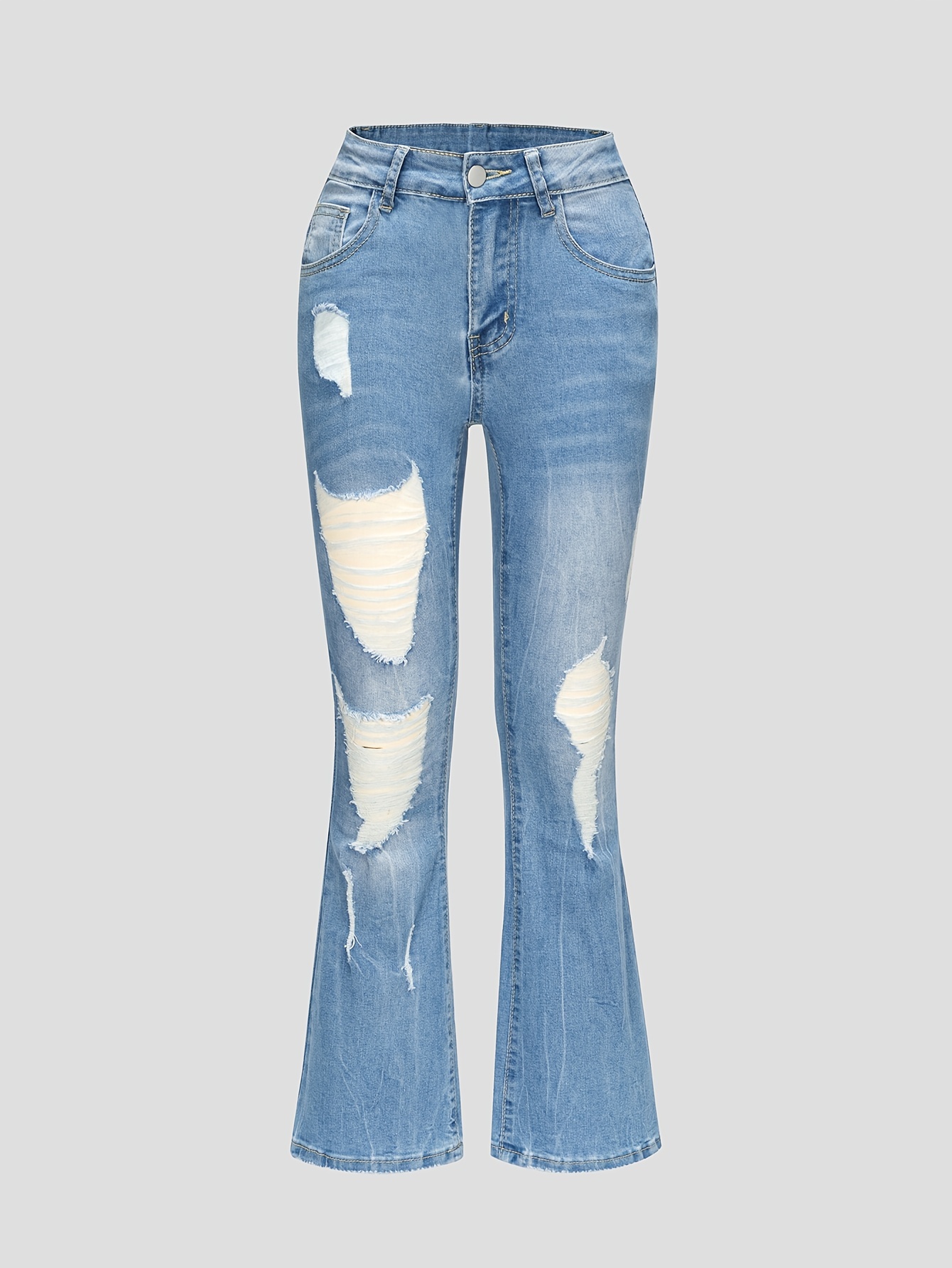 Blue Frayed Trim Flare Jeans Bell Bottom Distressed High - Temu