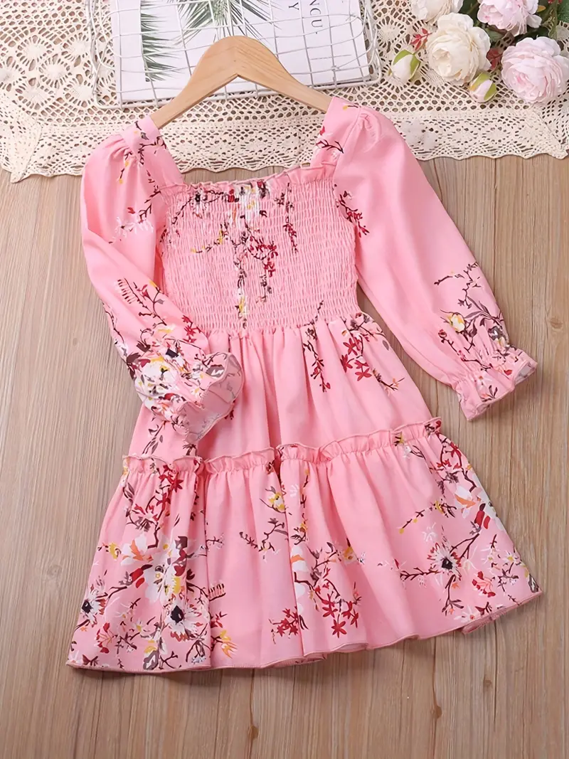 girls shirred flowers print long sleeve dress kids party holiday dress summer casual a line dresses details 1