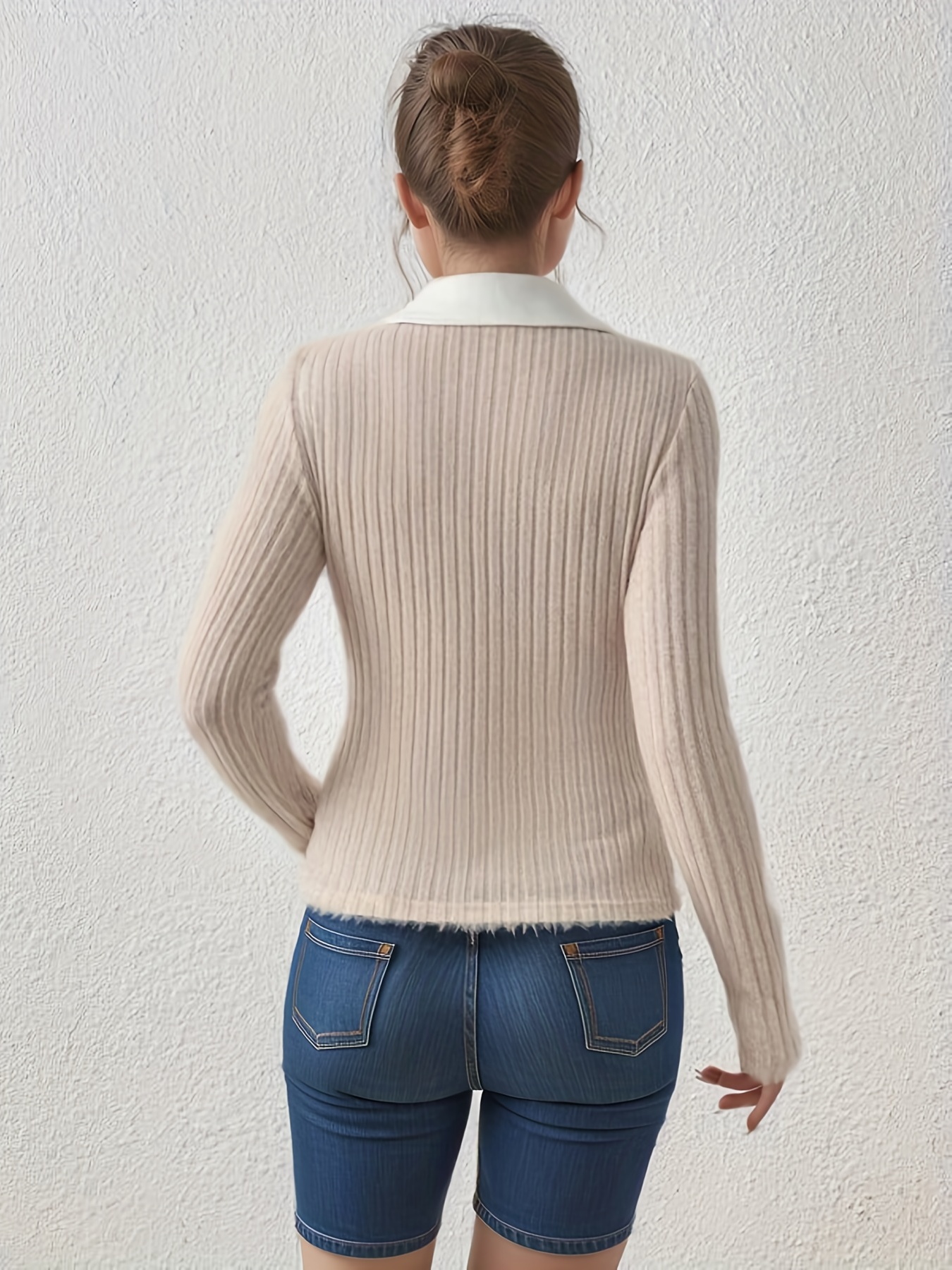 slim rib knit sweater casual v neck long sleeve sweater womens clothing apricot 2