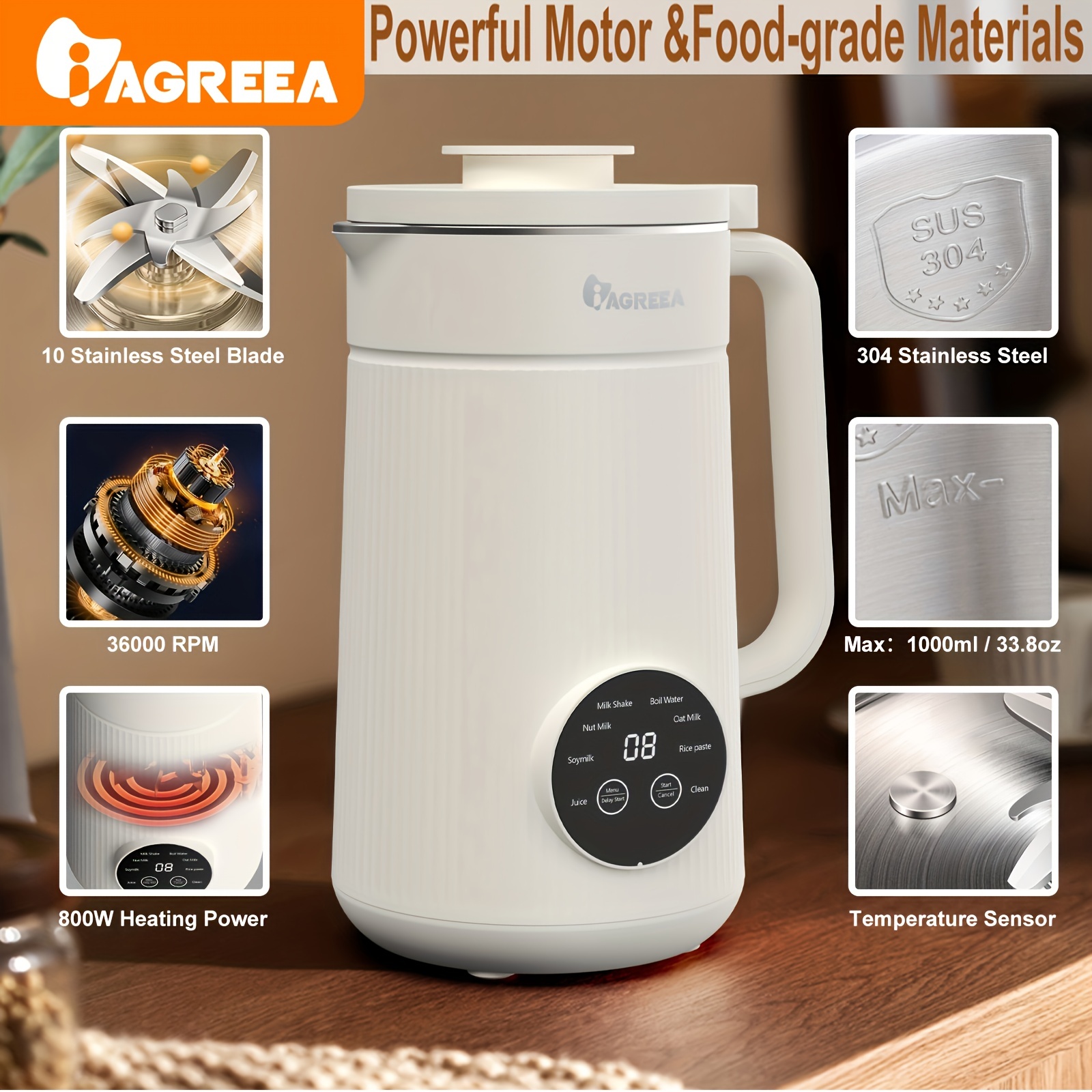 IAGREEA Machine à lait de soja 34oz/1000ml, machine à soupe/lait