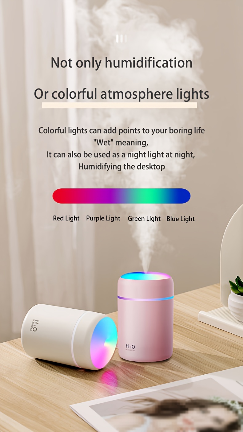 300ml portable air humidifier usb colorful atmosphere light mini desktop sprayer for car bedroom office details 6