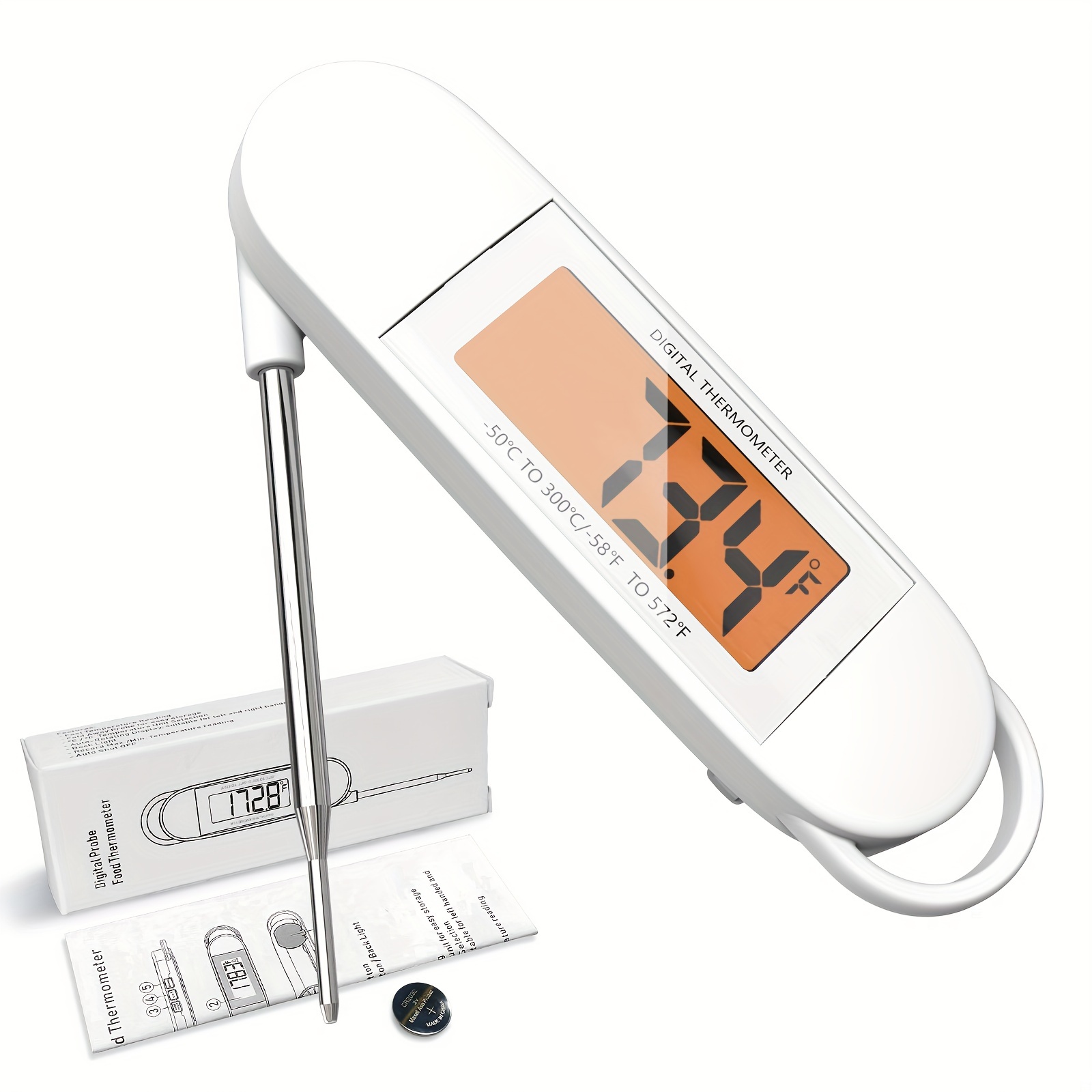 Meat Thermometer,Quick Measuring Kitchen Temperature Probe with Hold Button LCD Display F/C Digital Instant for Grill Cooking Camping, Size: 2, White