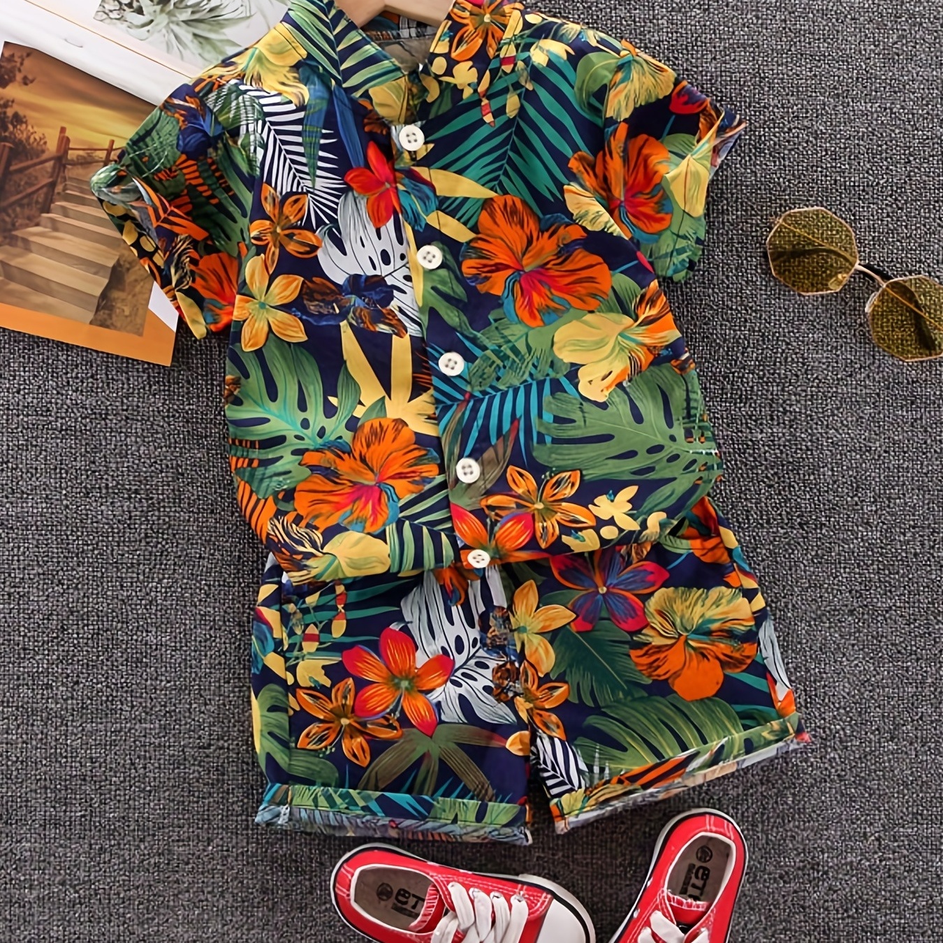 Boys Leaf And Flower Print Casual Outfit Short Sleeves Stand Collar Shirt & Shorts Kids Summer Clothes Sets