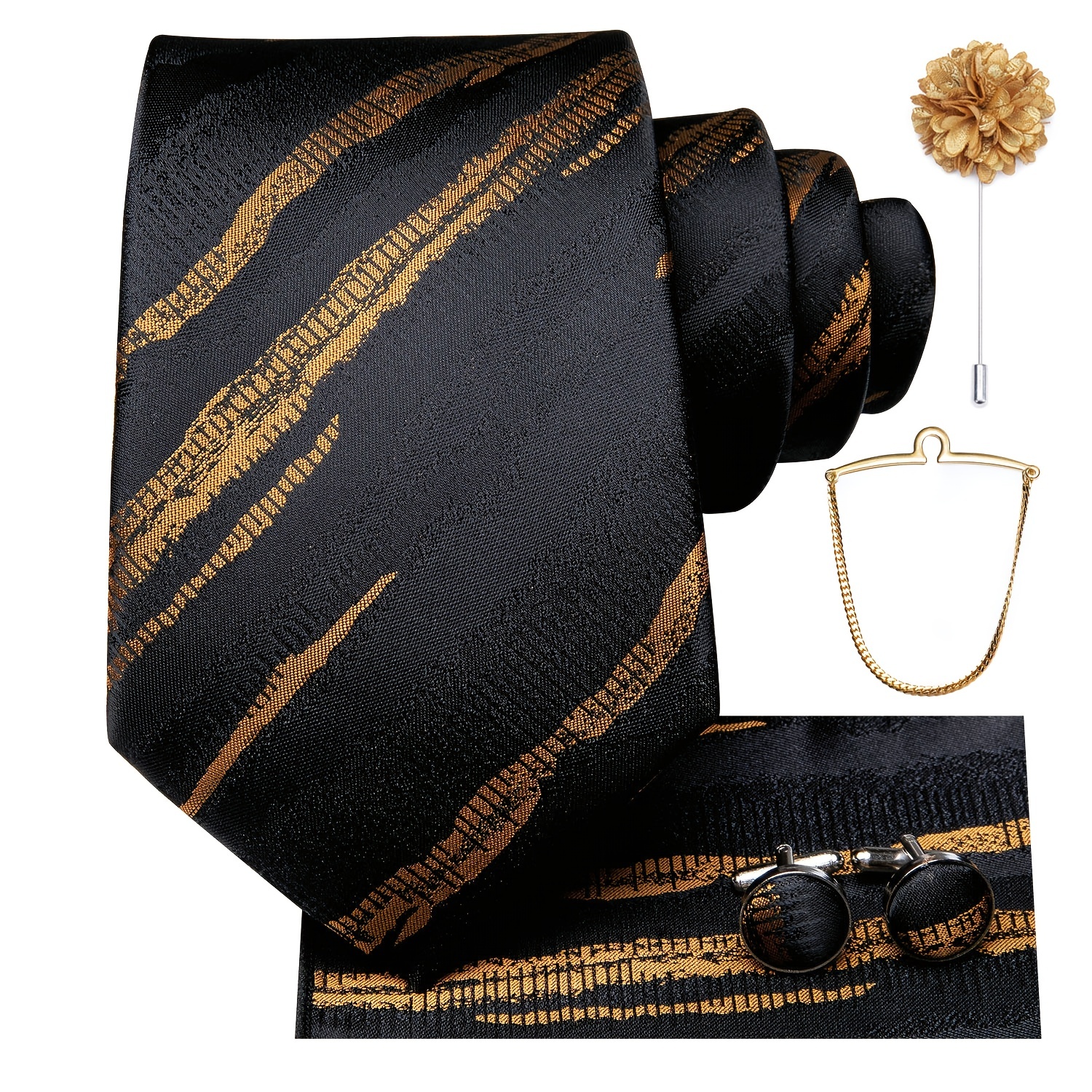 Corbatas Seda Formales Hombre, Corbata Tejida Rayas Negras Doradas, Juego  Gemelos Pañuelo Boda - Joyería Accesorios - Temu