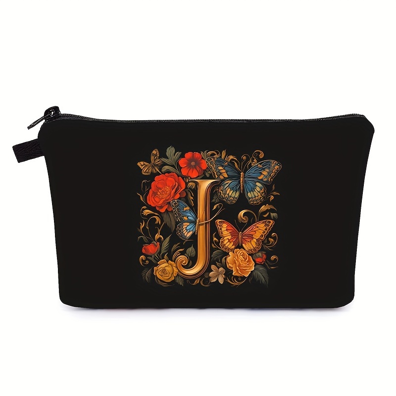 TEMU A-z Personalized Black Makeup Bags, Butterflys And Flowers Pattern Beauty Organizer Bag, Gifts For Women, Small Cosmetic Bag - Mother's Day Gifts