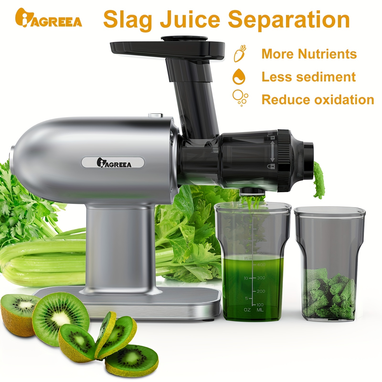 iagreea cold press juicer slow juicer machines for vegetable and fruit compact small space saving masticating juicer ultra power juicer maker with reverse function details 5