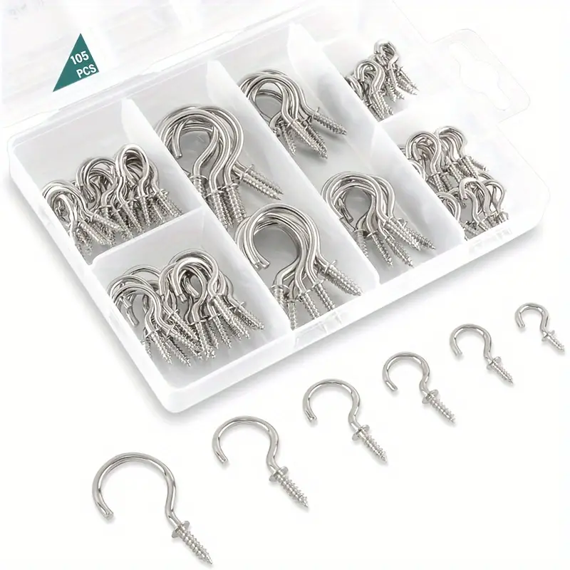 105pcs Cup Hooks, Screw-in Hooks Kit For Hanging (1/2in, 5/8in, 3/4in,  7/8in, 1in, 1-1/4in) - Silvery Mini Screw In Jewelry Hooks Tiny Metal Screw  Woo