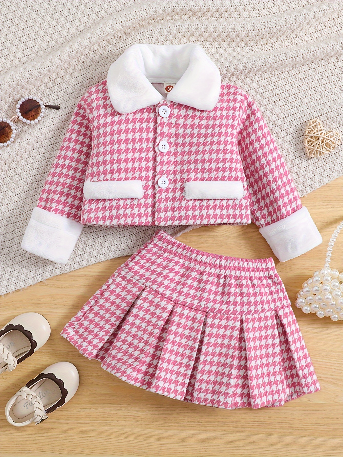 Girls' 2-piece Preppy Style Outfits, Butterfly Print Top & Plaid Pleated  Skirt, Comfy Sets Kids Clothes For Spring Fall