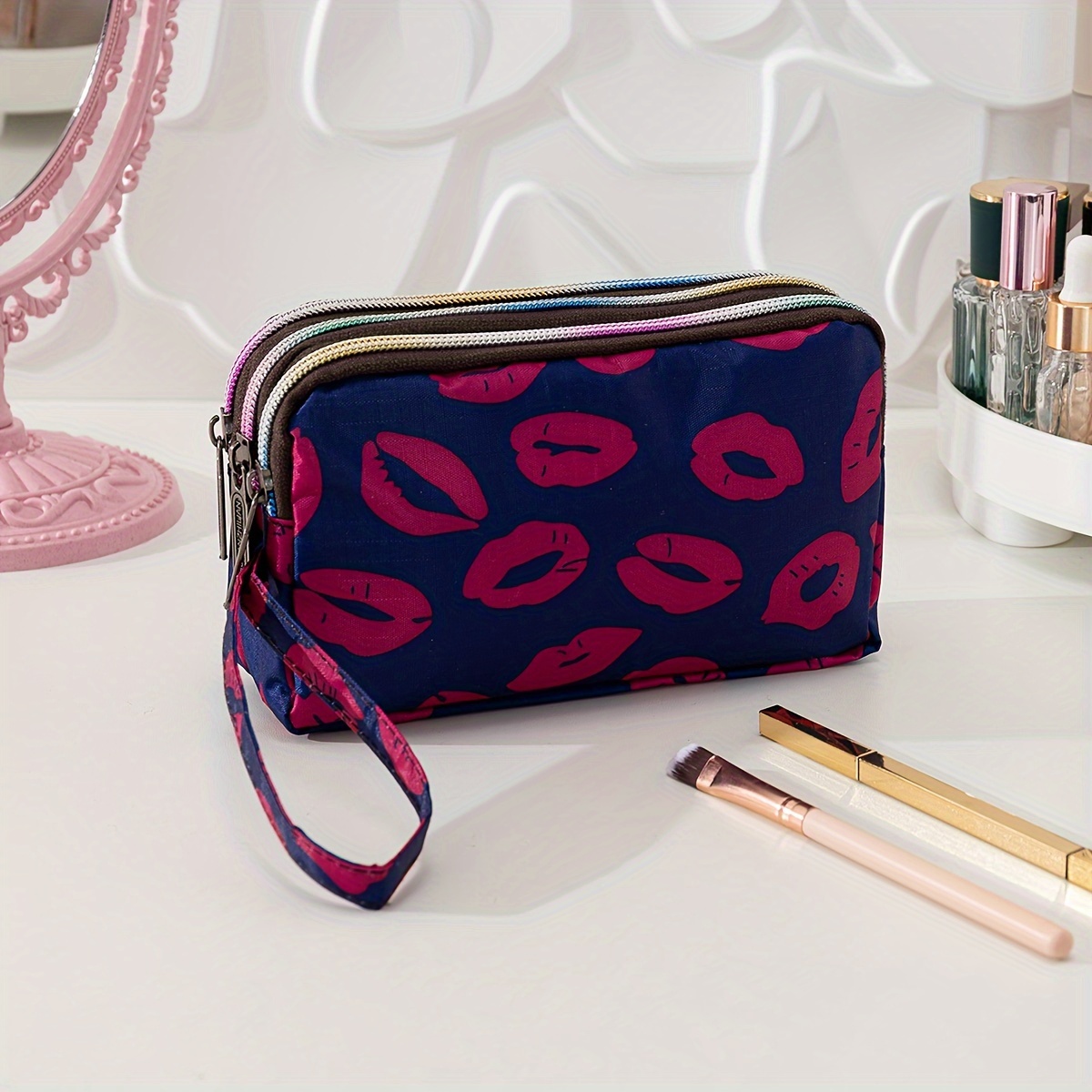 

3-layer Lip Print Makeup Bag Toiletry Bag Large Capacity Storage Bag Multipurpose Zipper Cosmetic Pouch For Vacation & Travel
