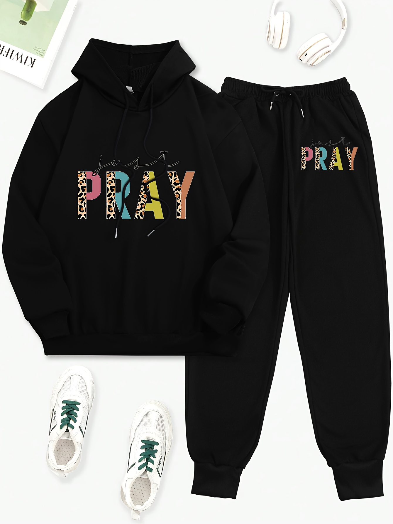 Official Print Casual Two-piece Set, Crew Neck Long Sleeve Tops & Long  Length Jogger Pants Outfits, Women's Clothing