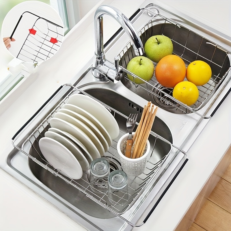 Escurridor de platos para colocar sobre el fregadero, ajustable (26.3 a  34.3 pulgadas), 2 niveles para encimera de cocina, escurridor de platos con