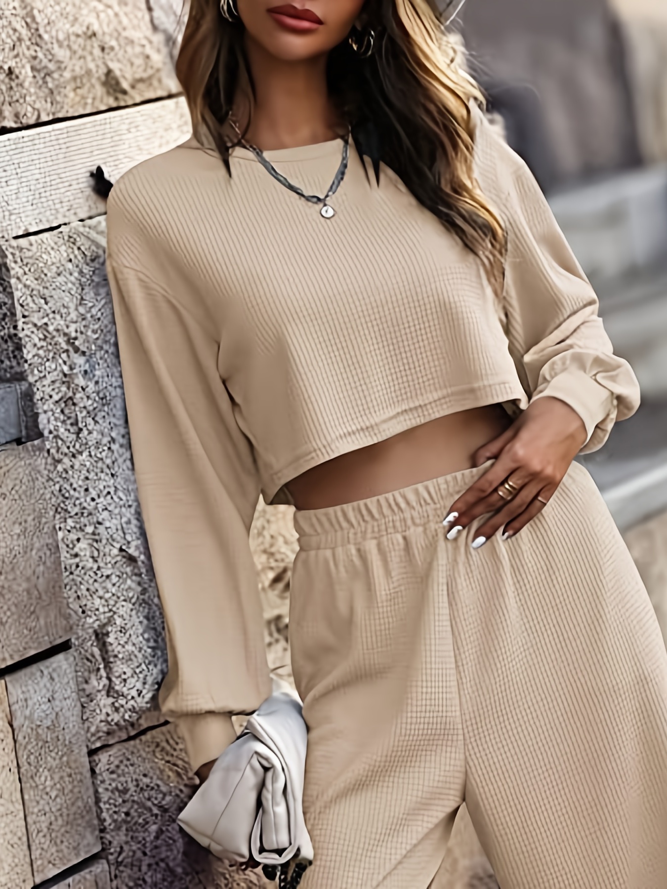 Casual Solid Color Two-piece Set, Long Sleeve Crew Neck Crop Top & Elastic  Waist Pants Outfits, Women's Clothing - Temu