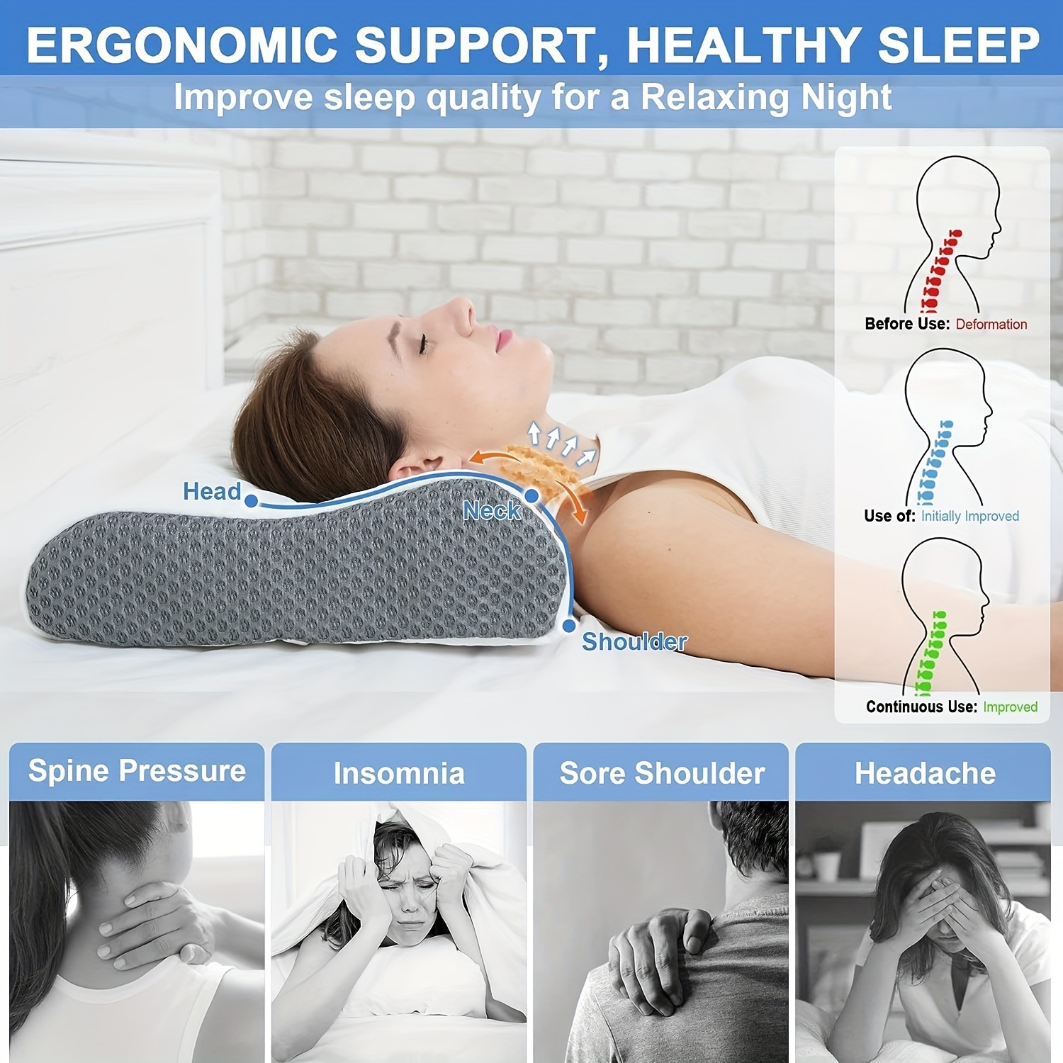 Memory Foam Pillows Neck Pillow Bed Pillow for Sleeping Ergonomic Cervical  Pillow Orthopedic Contour Pillow for Side Back Stomach Sleeper