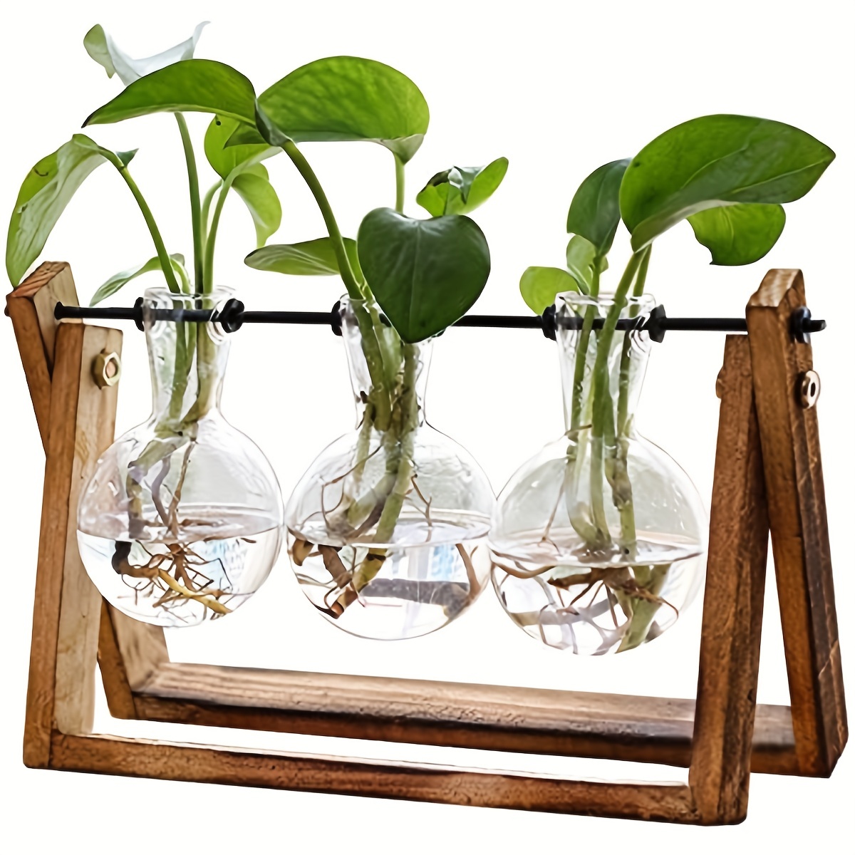 

1pc Plant Terrarium With Wooden Stand, Air Planter Bulb Glass Vase Metal Swivel Holder Retro Tabletop For Hydroponics Home Garden Office Decoration - 3 Bulb Vase