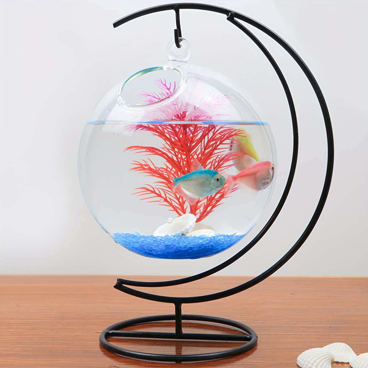 2pcs/set Desktop Hanging Glass Fish Tank With Holder, Mini Table Aquarium  Glass Betta Fish Bowl, Clear Fish Cylinder With Iron Stand For Office Home D