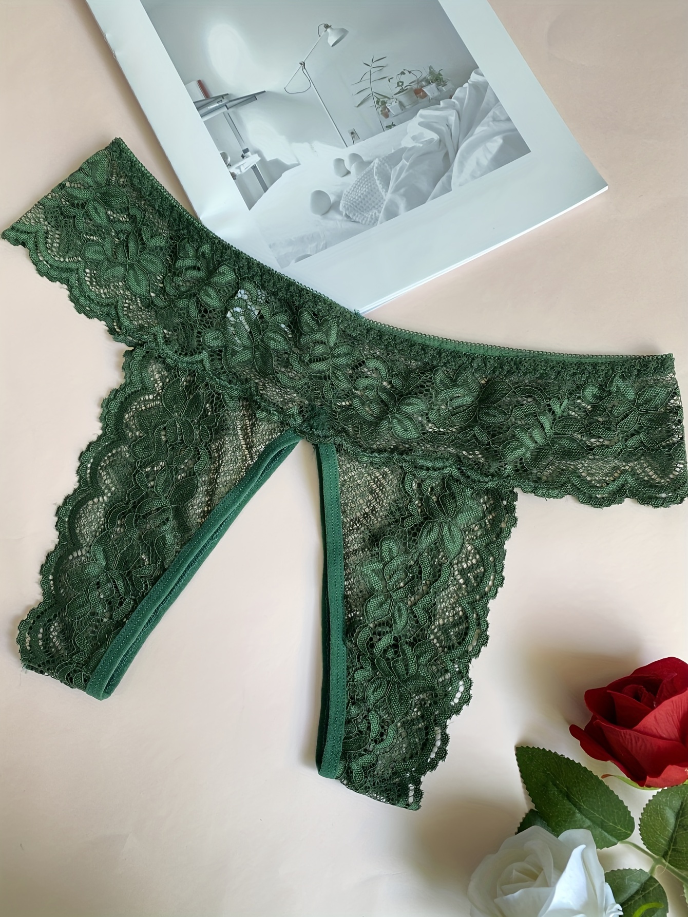 Lacy Crotchless Panty - Garden Green