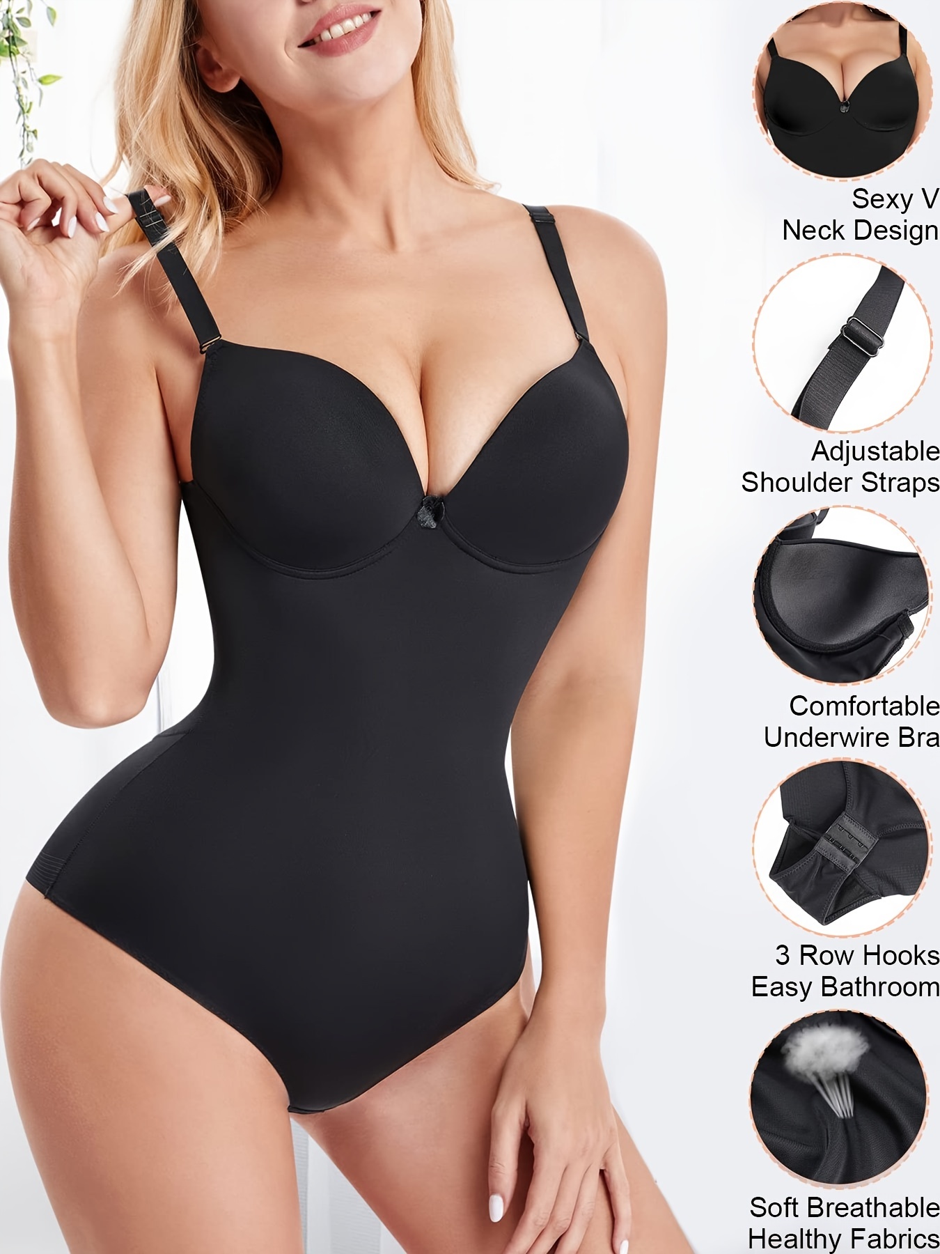 Thong Bodysuit Shapewear for Women Tummy Control Body Shaper, Seamless V  Neck Body Suit Jumpsuits (Color : Black, Size : Medium)