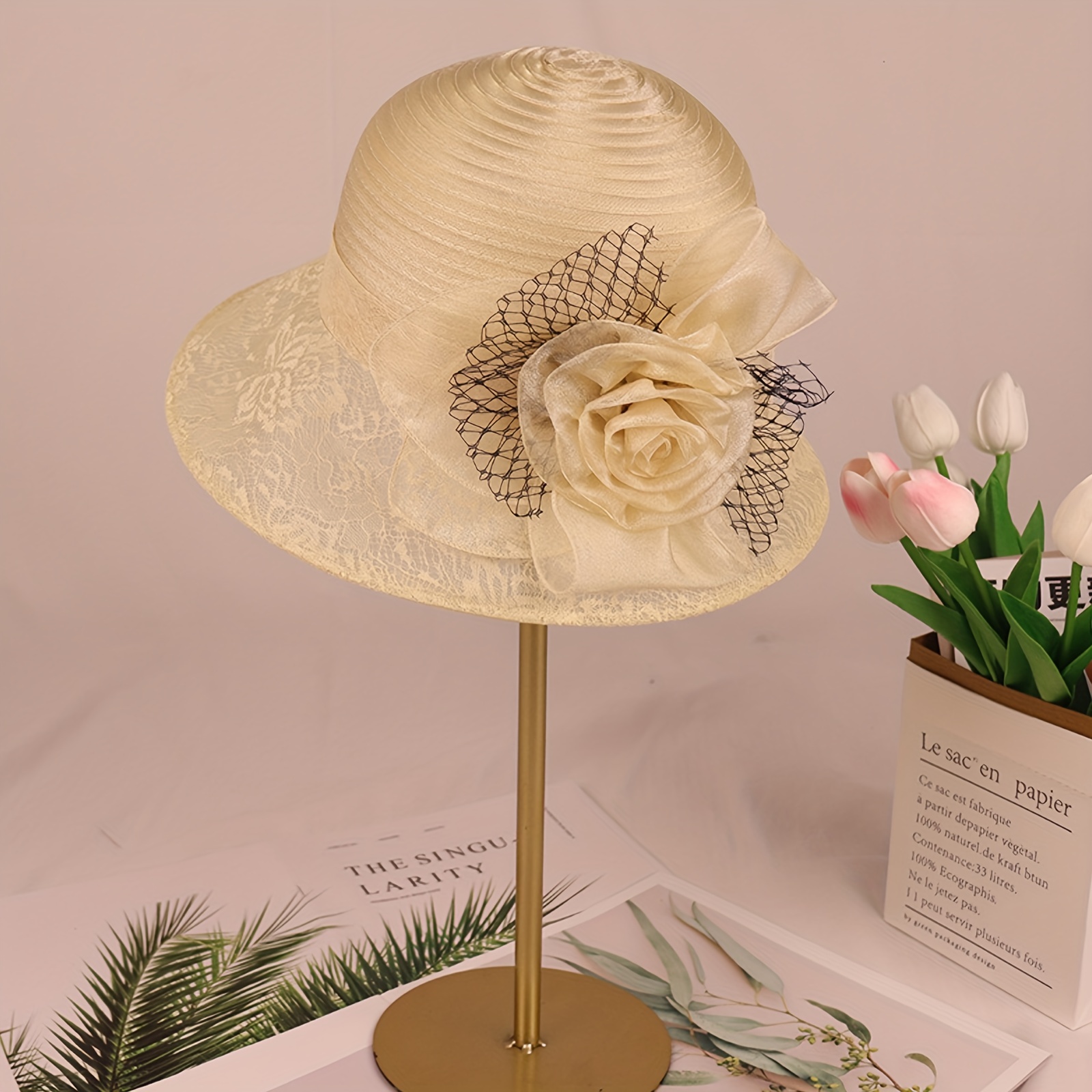 Mesh Lace Flower Decorative Bucket Hat Wide Brim Derby Hat Summer Elegant Style Sunshade Hats Suitable for Easter Party,SUN/UV Protection,Temu