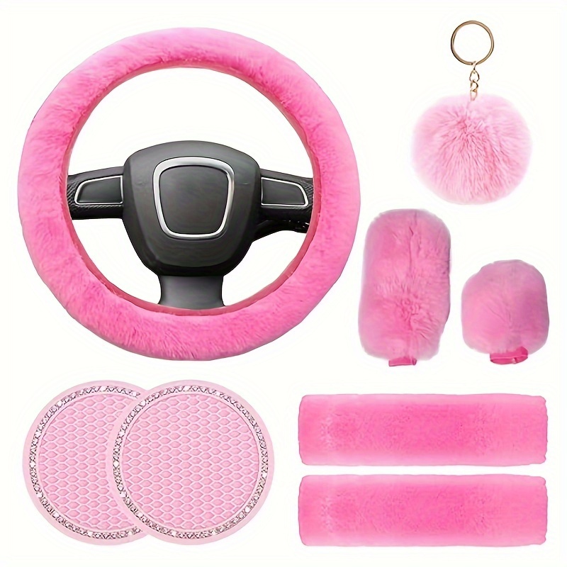 10 Pcs Pink Car Accessories Set, Pink Steering Wheel Cover Fluffy Armrest  Box Mat Handbrake Cover Seat Belt Shoulder Pads Gear Shift Cover Ignition
