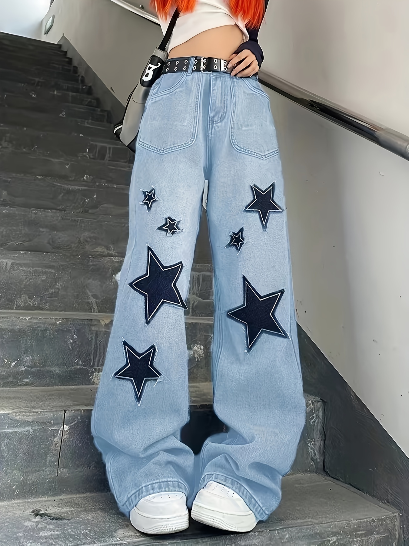 Star Pattern Chic Baggy Jeans Loose Fit Slant Pockets Wide - Temu