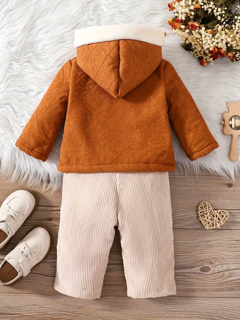 baby boys and girls overalls rhombus design fleece zip up hooded coat top two pieces set kids clothes autumn and winter details 0