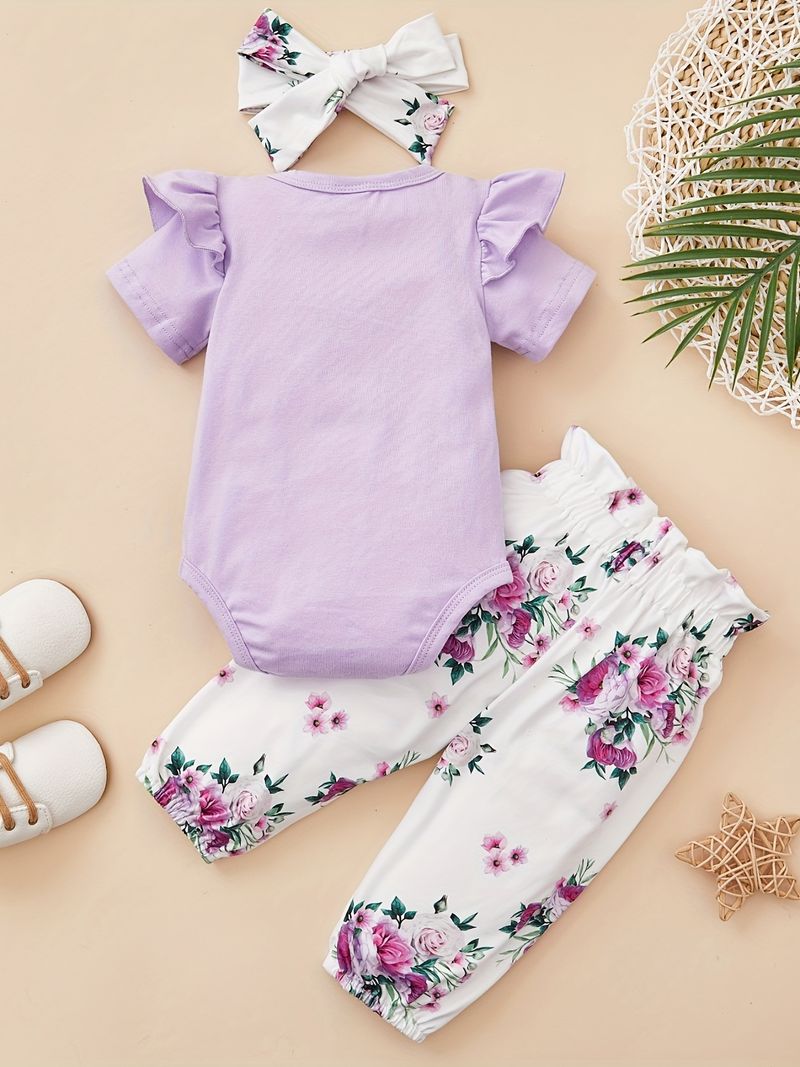 Baby Girls Cotton Short Sleeve Bodysuit Romper + Matching Floral Print Pants + Headband Baby Clothes Summer details 16