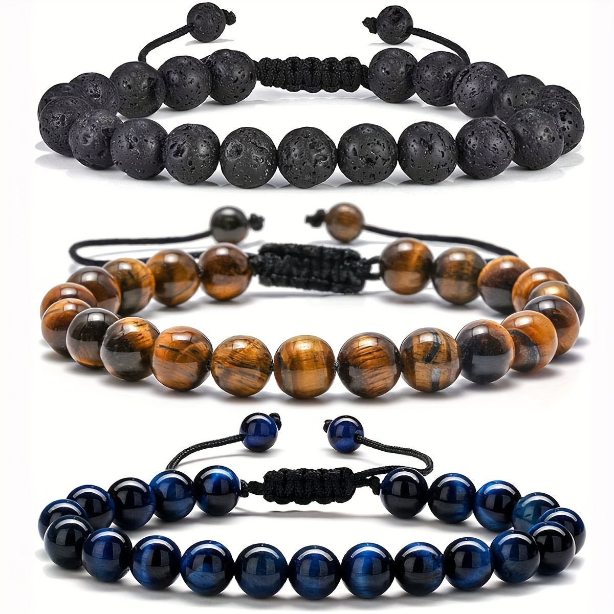 TEMU Conjunto De 3 Pulseras De Piedra Natural Para Hombre - Pulsera De De 8mm Y Pulsera De Piedra De Lava