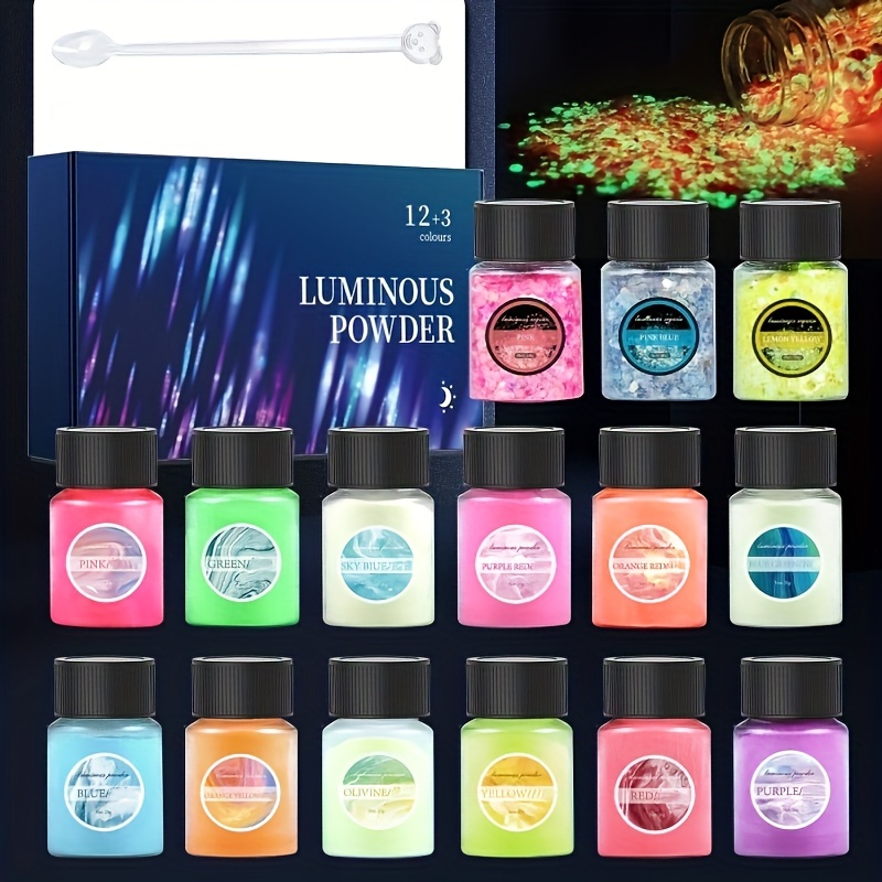 15 Colors(12 Glow In The Dark Powder+3 Gow In The Dark Chunky & Fine Mixed  Glitter) Epoxy Resin Dye Luminous Mica Powder Pigment Set With Bonus 2  Spoons