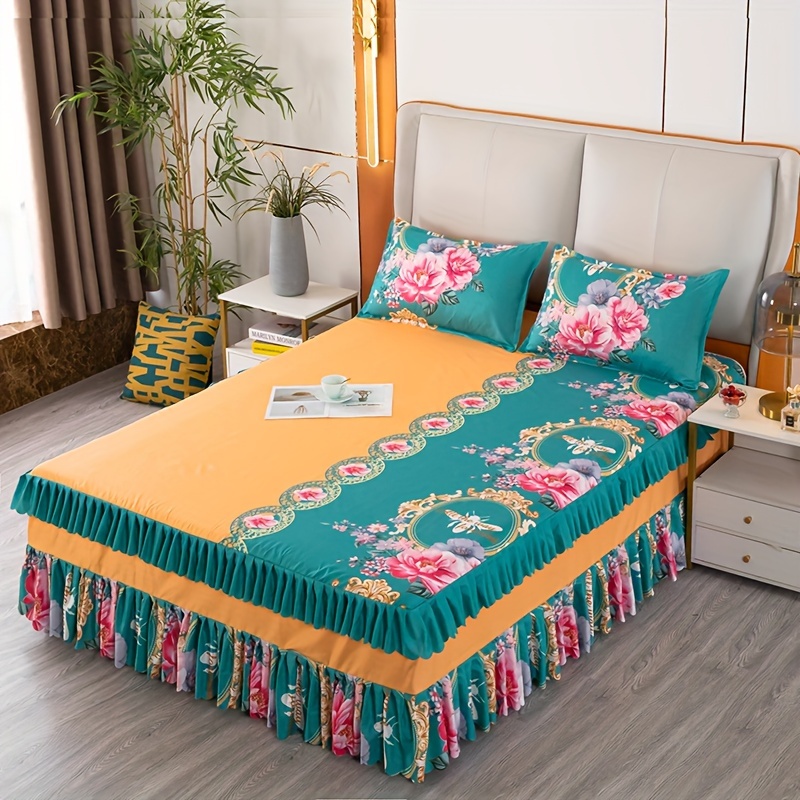 

1pc Chinese Style Peony Print Bed Skirt Elastic Adjustable, For Bedroom Living Room Guest Room Decor