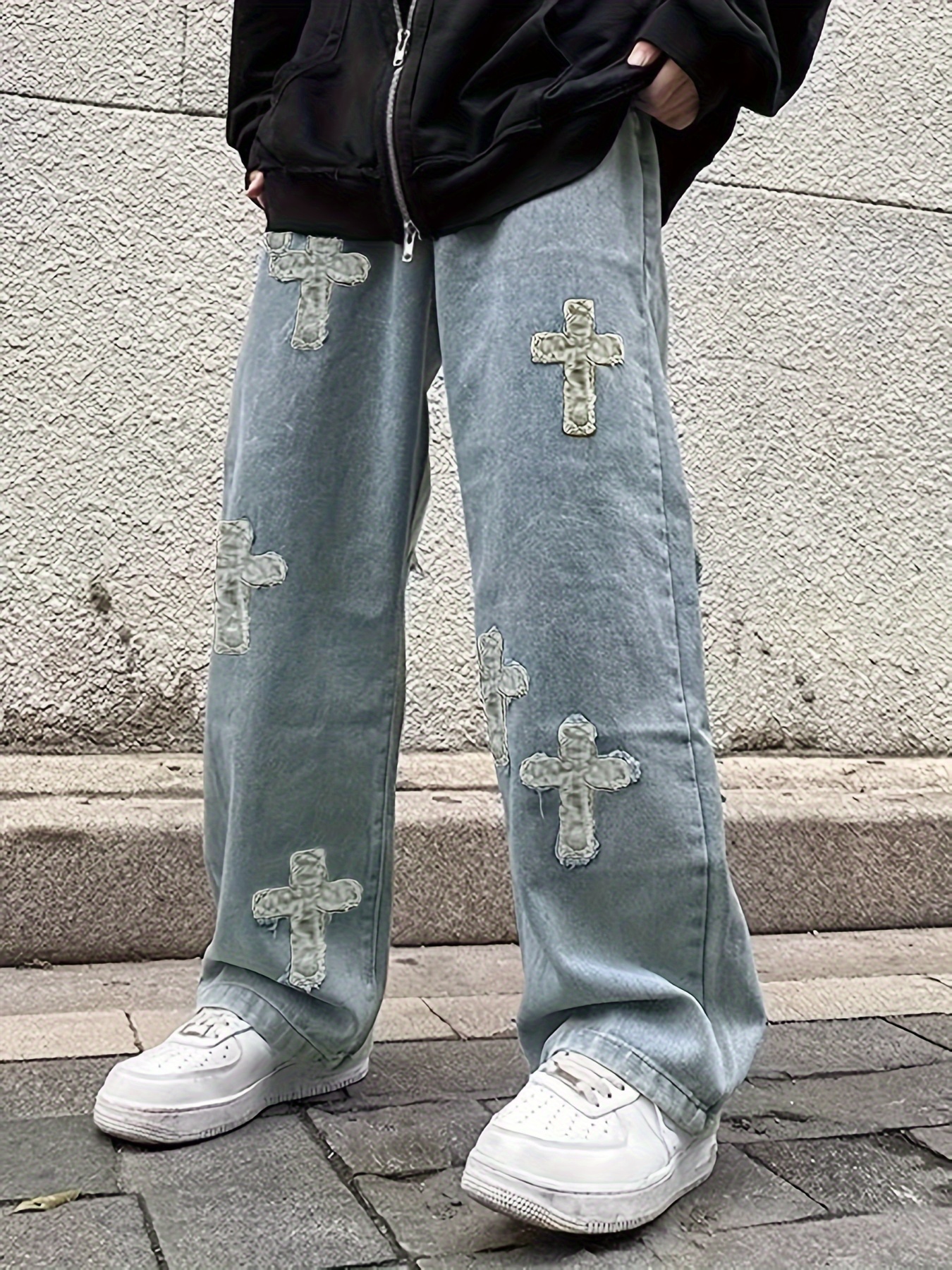 Y2k Men's Cross Pattern Baggy Jeans Casual Street Style - Temu